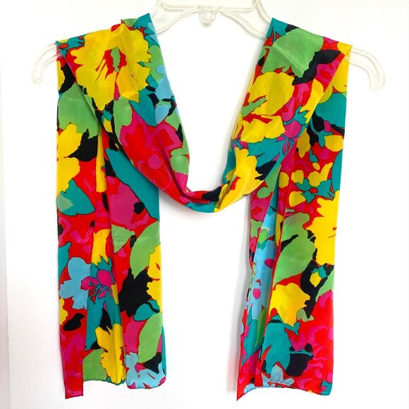 Bright Floral Silky Summer Scarf Long Skinny Rolled Edge 58x11in - Picture 4 of 4